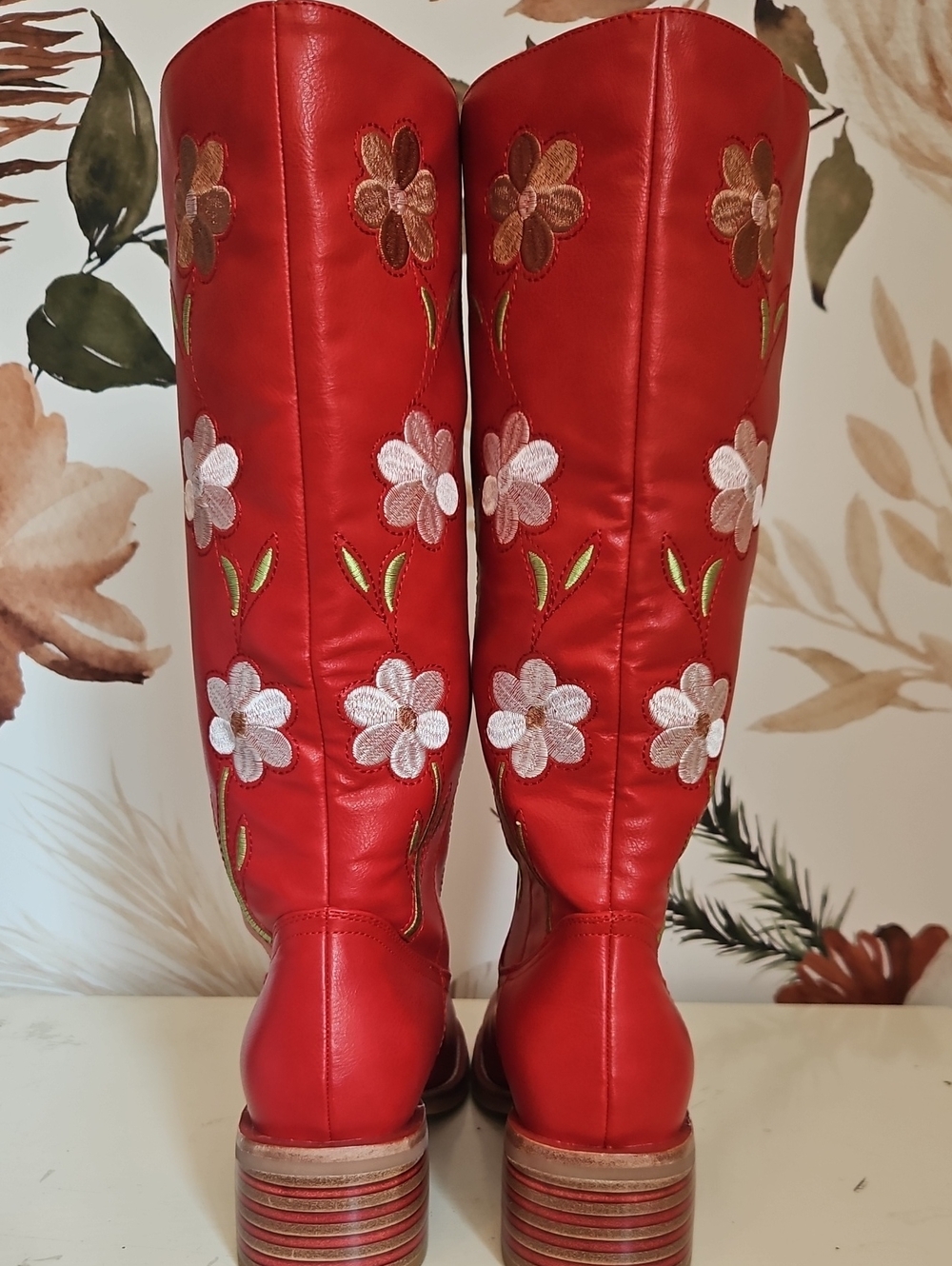 Tomato Red Floral Embroidered Campus Style Boots, Faux Leather, 8, NWOB - Picture 3 of 11